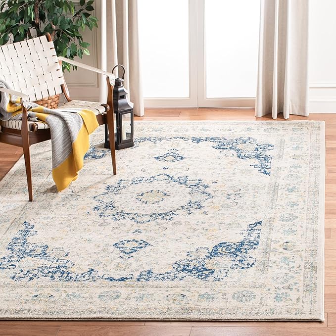 Evoke Collection Area Rug - 6'7" x 9', Ivory & Grey, Shabby Chic Oriental Medallion Design
