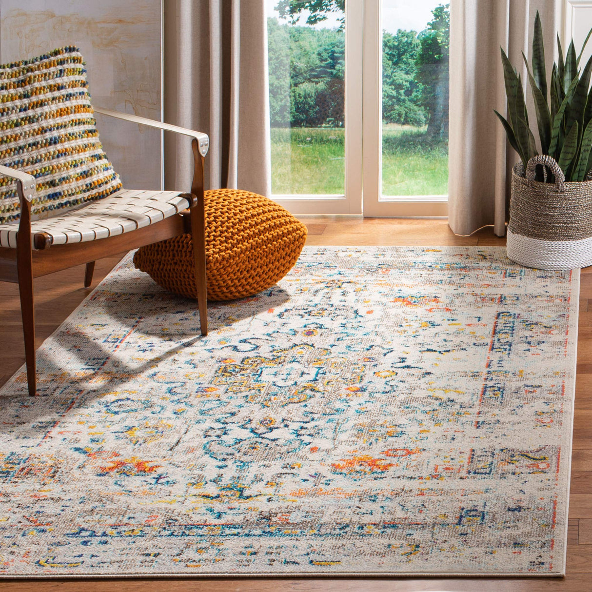 Madison Collection Area Rug - 5'3" x 7'6", Cream & Blue, Boho Distressed Medallion Design