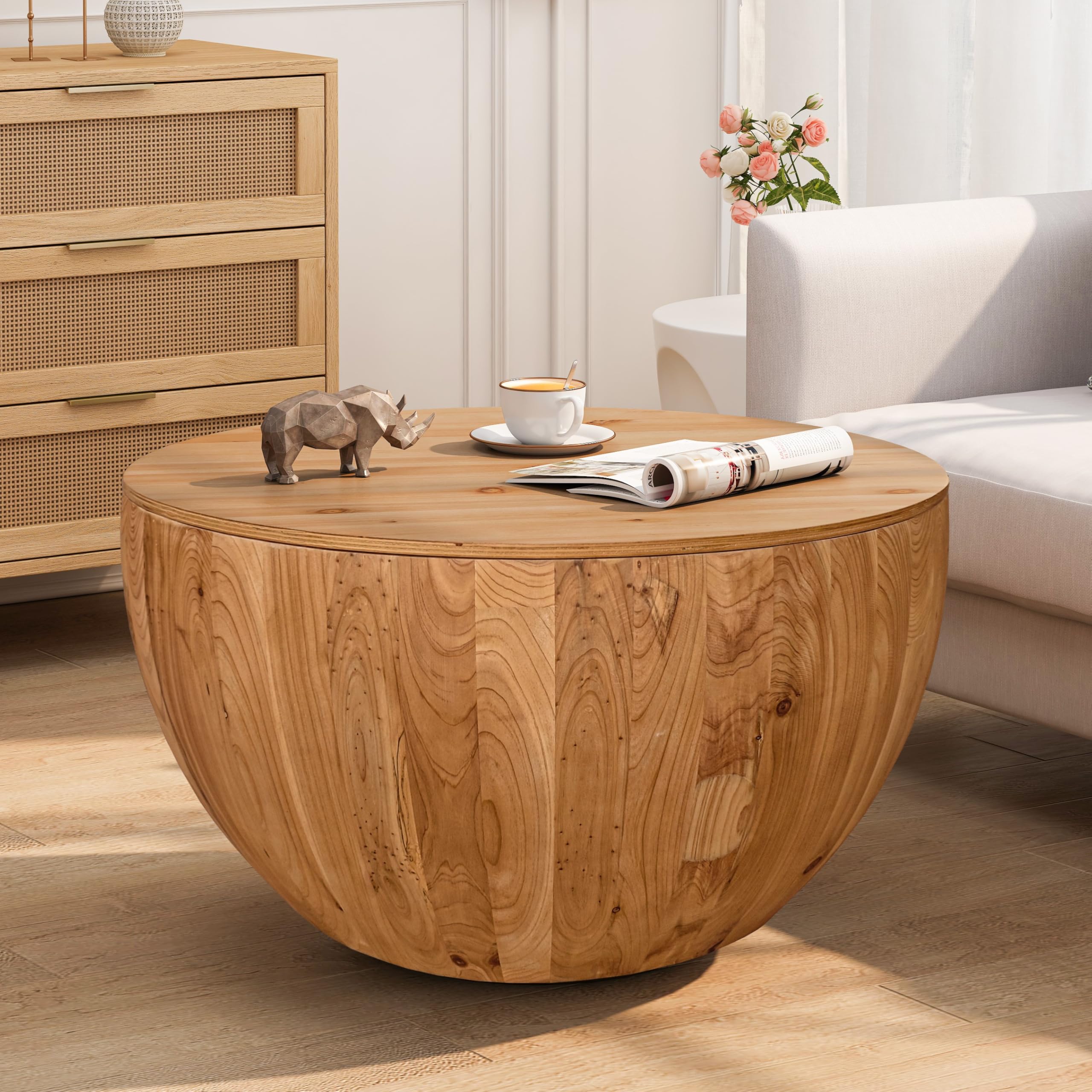 Vintage Wood Drum Coffee Table, Wood Round Coffee Table