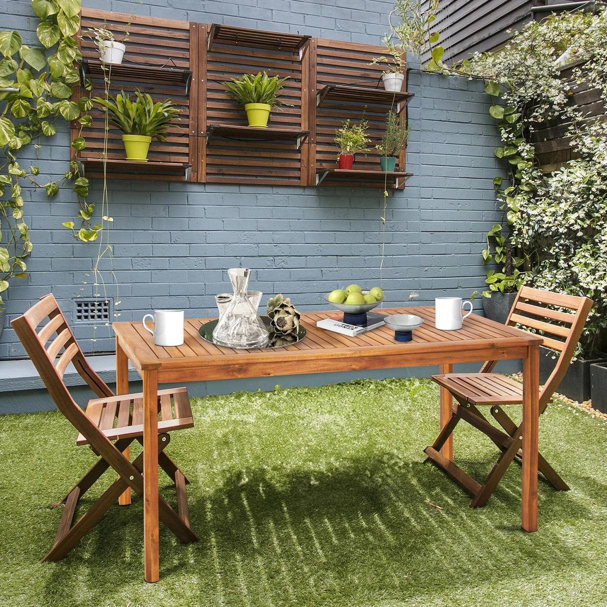 Outdoor Dining Table, 57" Acacia Wood Rectangular Table with Umbrella Hole for Deck