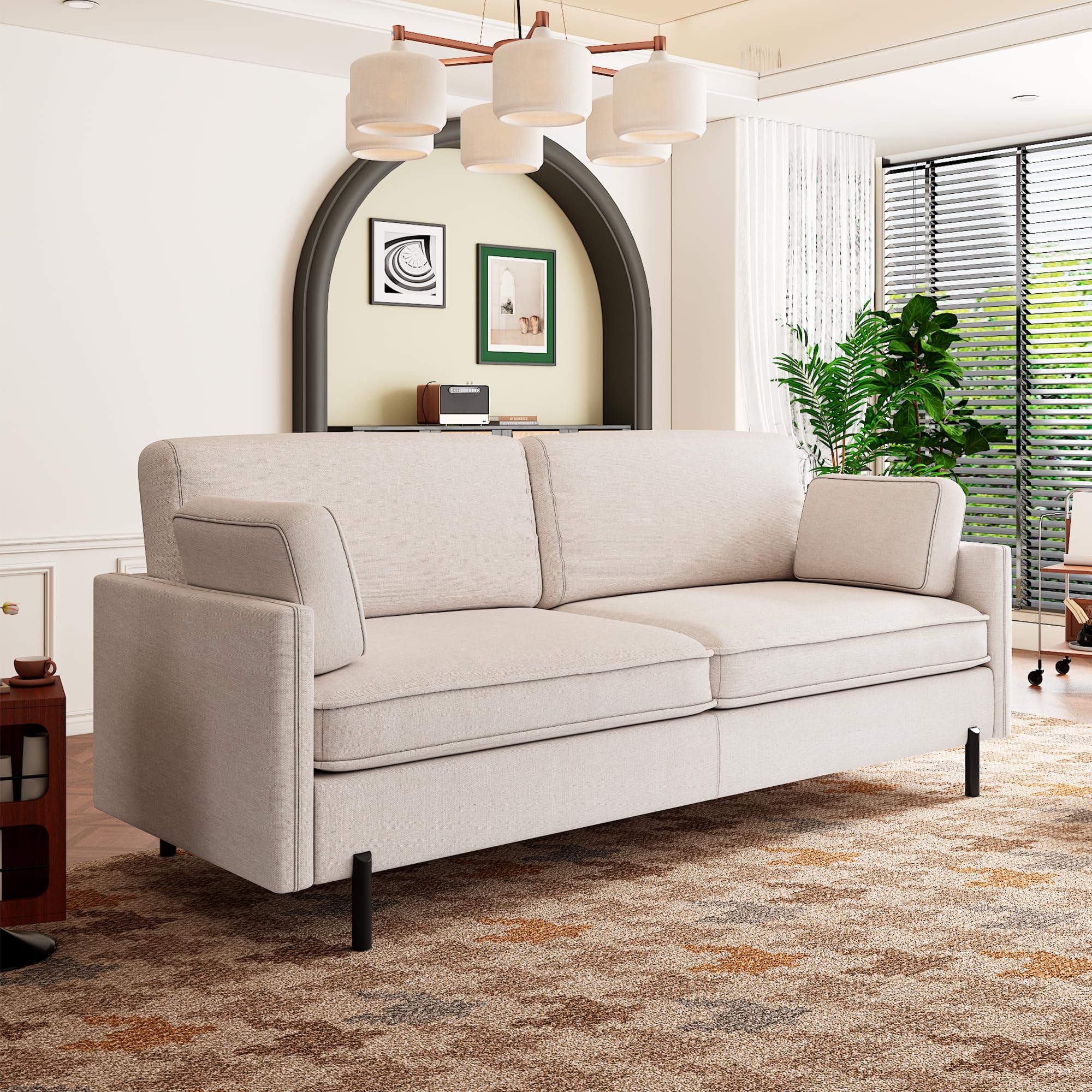 79 Inch Sofa Couch, Comfy 2 Seat Sofa with 2 Linen Pillows, Modern Loveseat for Small Space, Living Room, Bedroom, Solid Wood Frame & Metal Legs, Beige