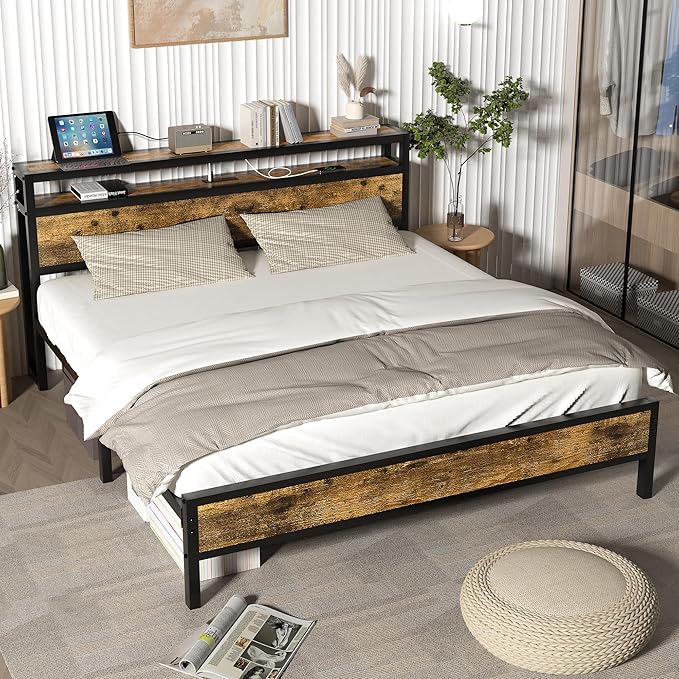 Full Bed Frame with Charging Station Headboard, Platform Bed with 2-Tier Storage Shelf,