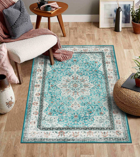 Moespace Oriental Area Rug - 3x5 Washable Rug Boho Non-Slip Indoor Rug for Kitchen Entryway, Low-Pile Front Door Mat Print Distressed Accent Rug for Bedroom Foyer Laundry Sink, Turquoise