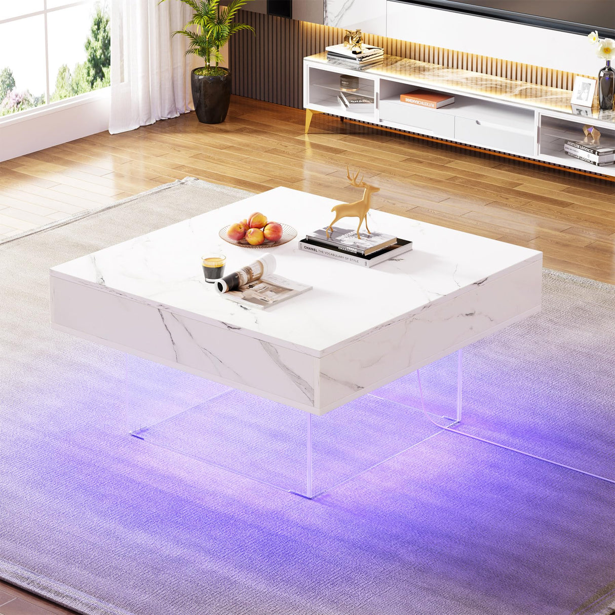 Square LED Coffee Table: Faux Marble White Coffee Table for Living Room