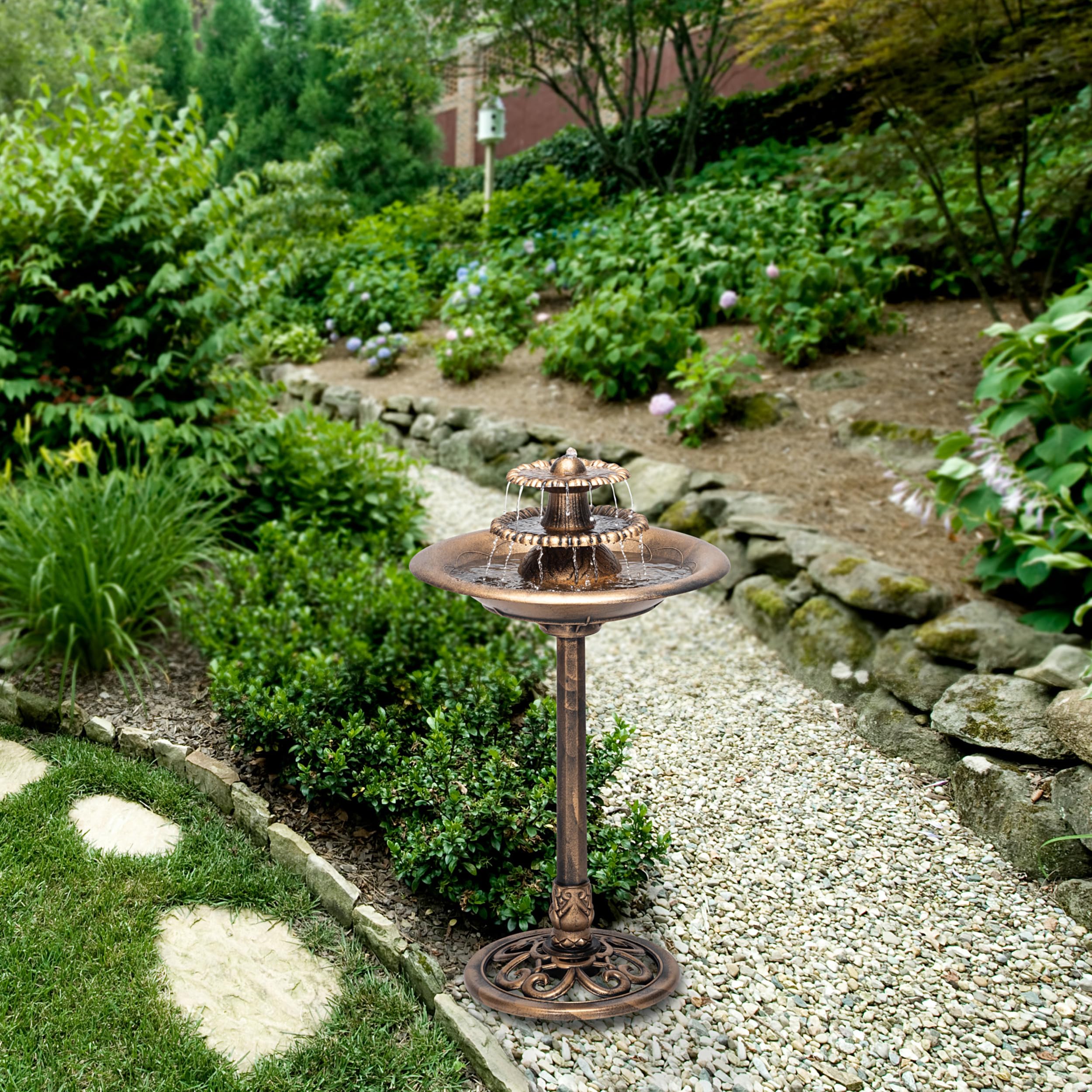TEC106-BZ 35” Tall 3-Tier Pedestal Water Fountain with Birdbath in Vintage – Outdoor Garden