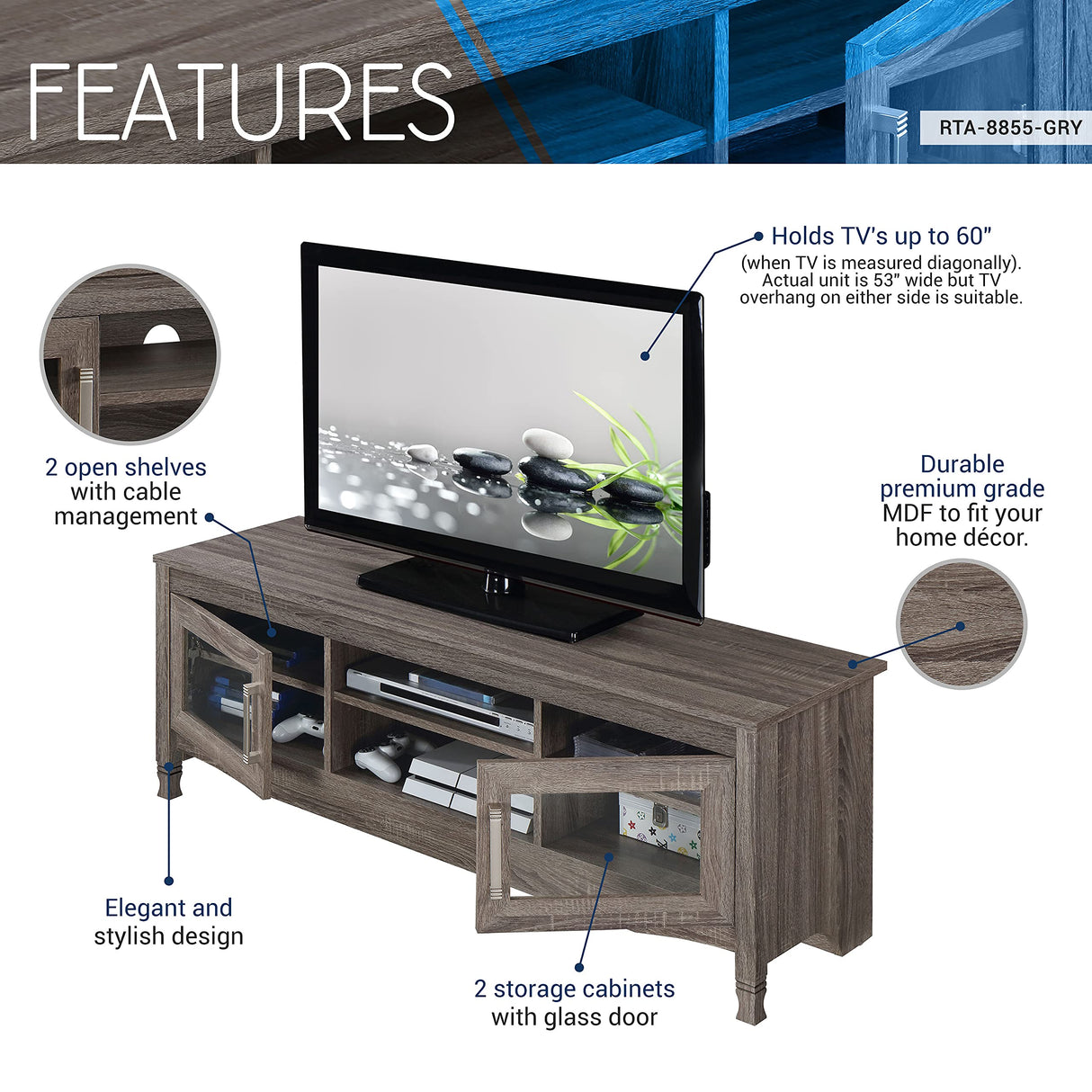 Storage & Glass Display Cabinets, Driftwood TV Stand for Living Room or Bedroom with Cable Management, Fits Screens up to 65 Inches When Measured Diagonally, Grey