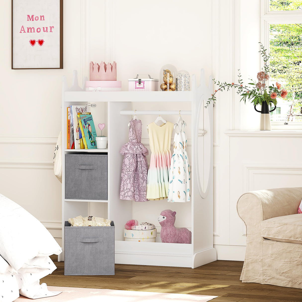 Kids Play Armoire with Mirror, Storage Bins and Closet for Dress Up and Costumes