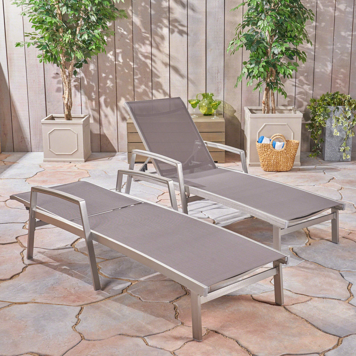 Joy Outdoor Mesh and Aluminum Chaise Lounge (Set of 2), Gray