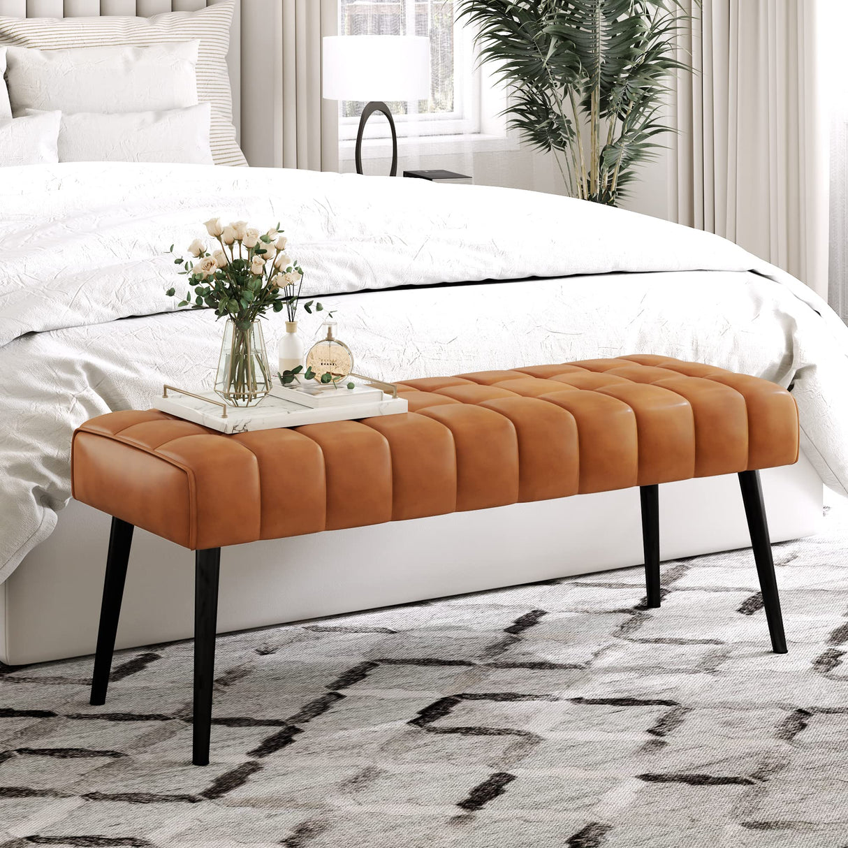 44.5” End of Bed Bench, Faux Leather Tufted Upholstered Bedroom