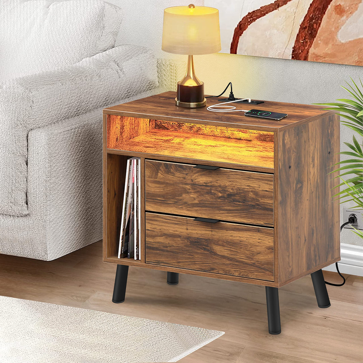 Side Table with Charging Station and LED Lights, Sofa End Table with USB Ports