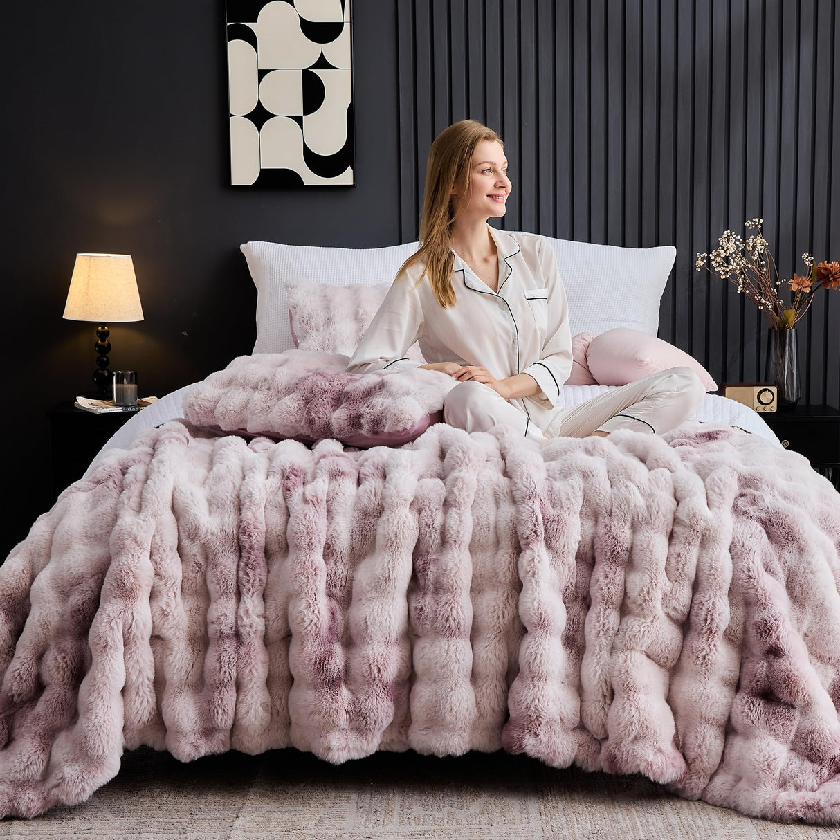 Fluffy Faux Rabbit Fur Bubble Comforter Set Queen Size, Tie-Dyeing Pink Purple Plush