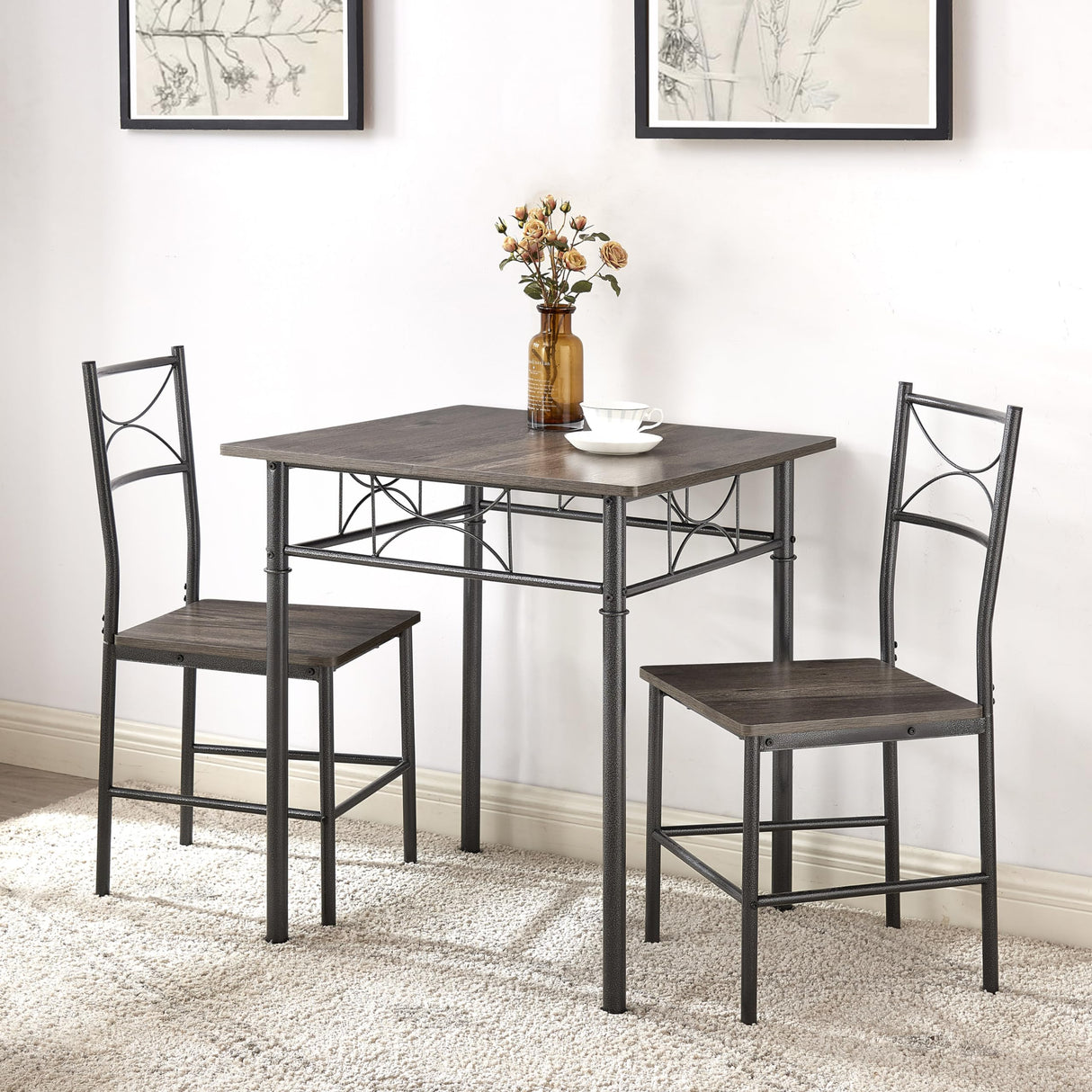 3-Piece Metal and Wood Indoor Modern Square Dining Table Furniture Set