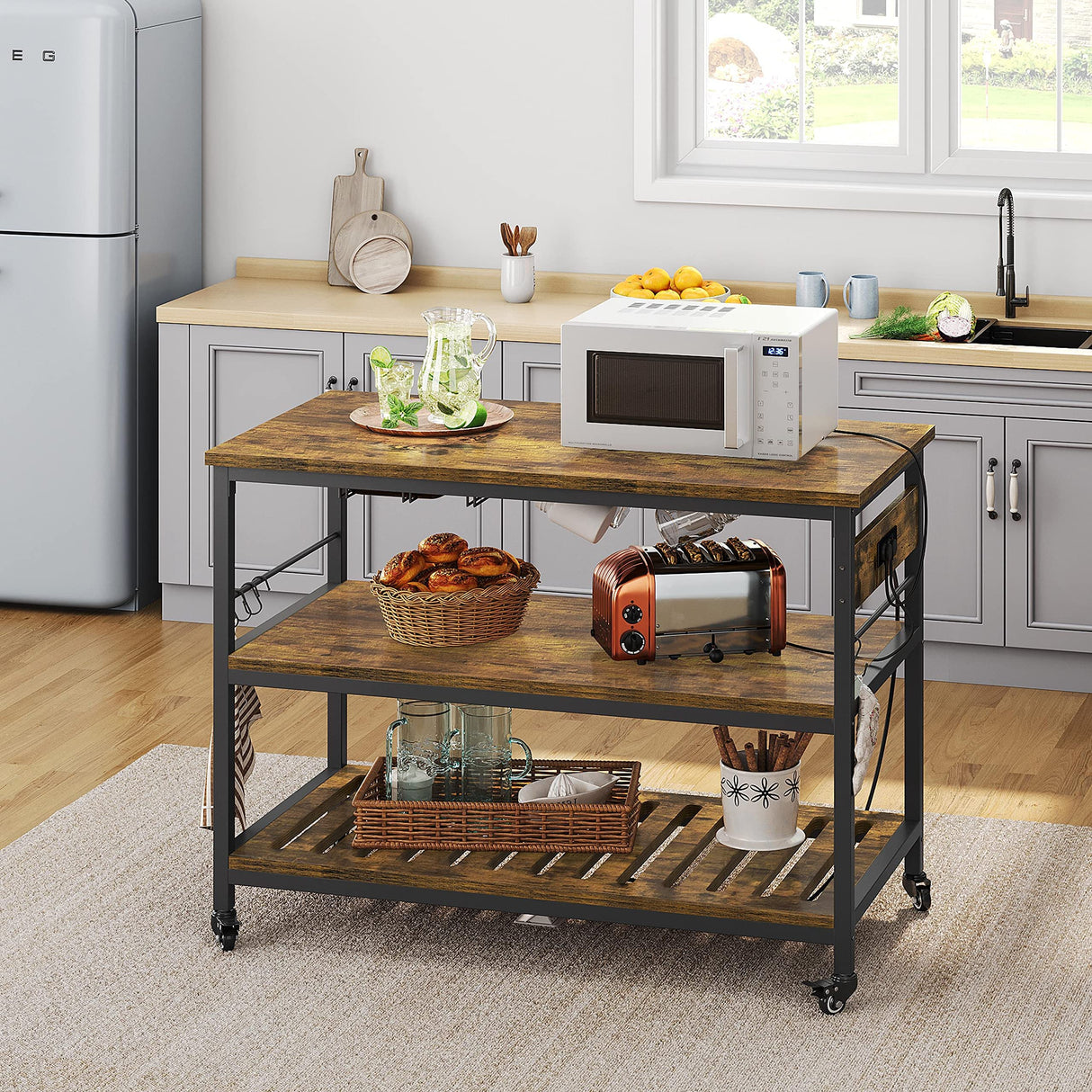 Kitchen Island with Power Outlet, Rolling Kitchen Cart with Wine Rack