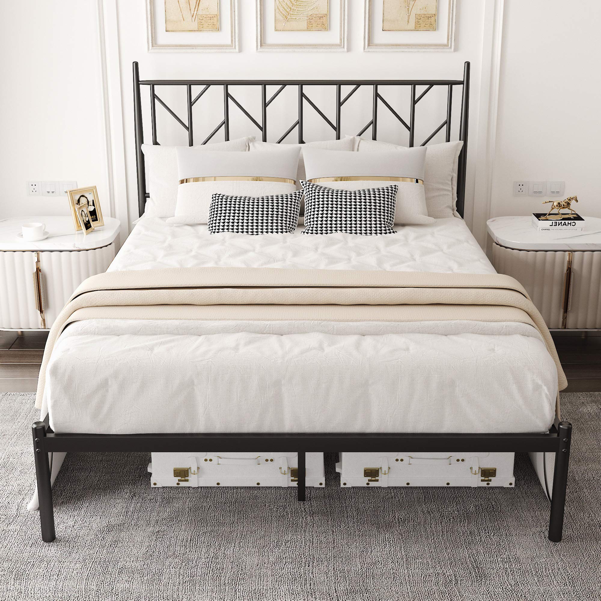 Queen Size Platform Bed Frame with Vintage Headboard, 14 Inches Metal Mattress Foundation for Storage,