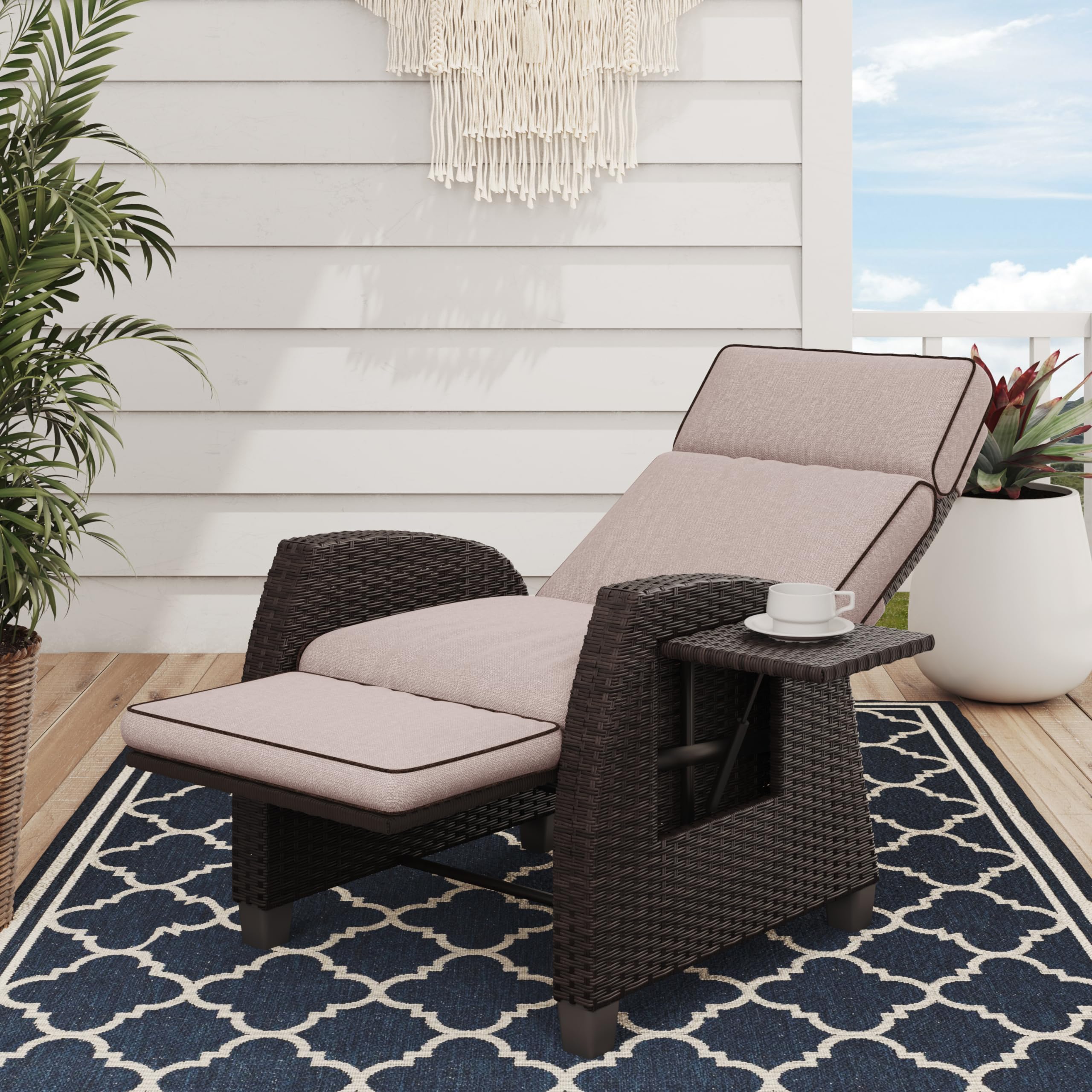 Moor Wicker Patio Recliner Chair – Built-In Table, Cushions & Linked Footrest Motion