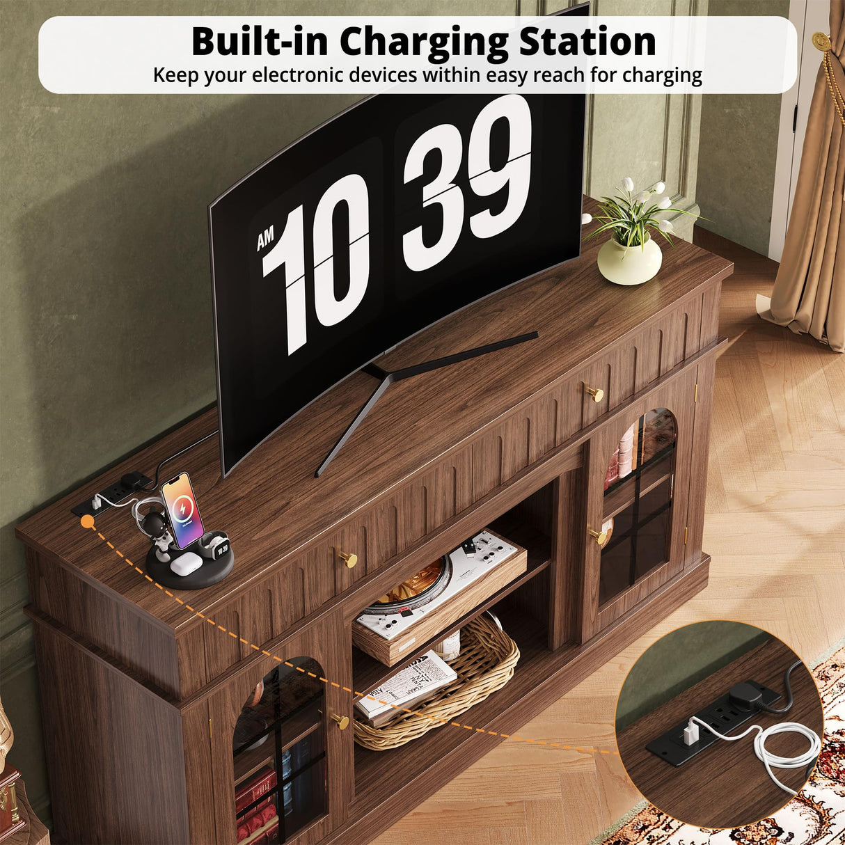 Mid-Century Modern TV Stand with Charging Station - 65 Inch Entertainment Center