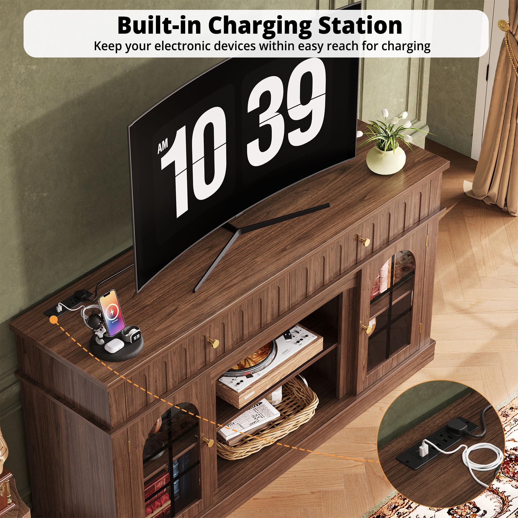 Mid-Century Modern TV Stand with Charging Station - 65 Inch Entertainment Center