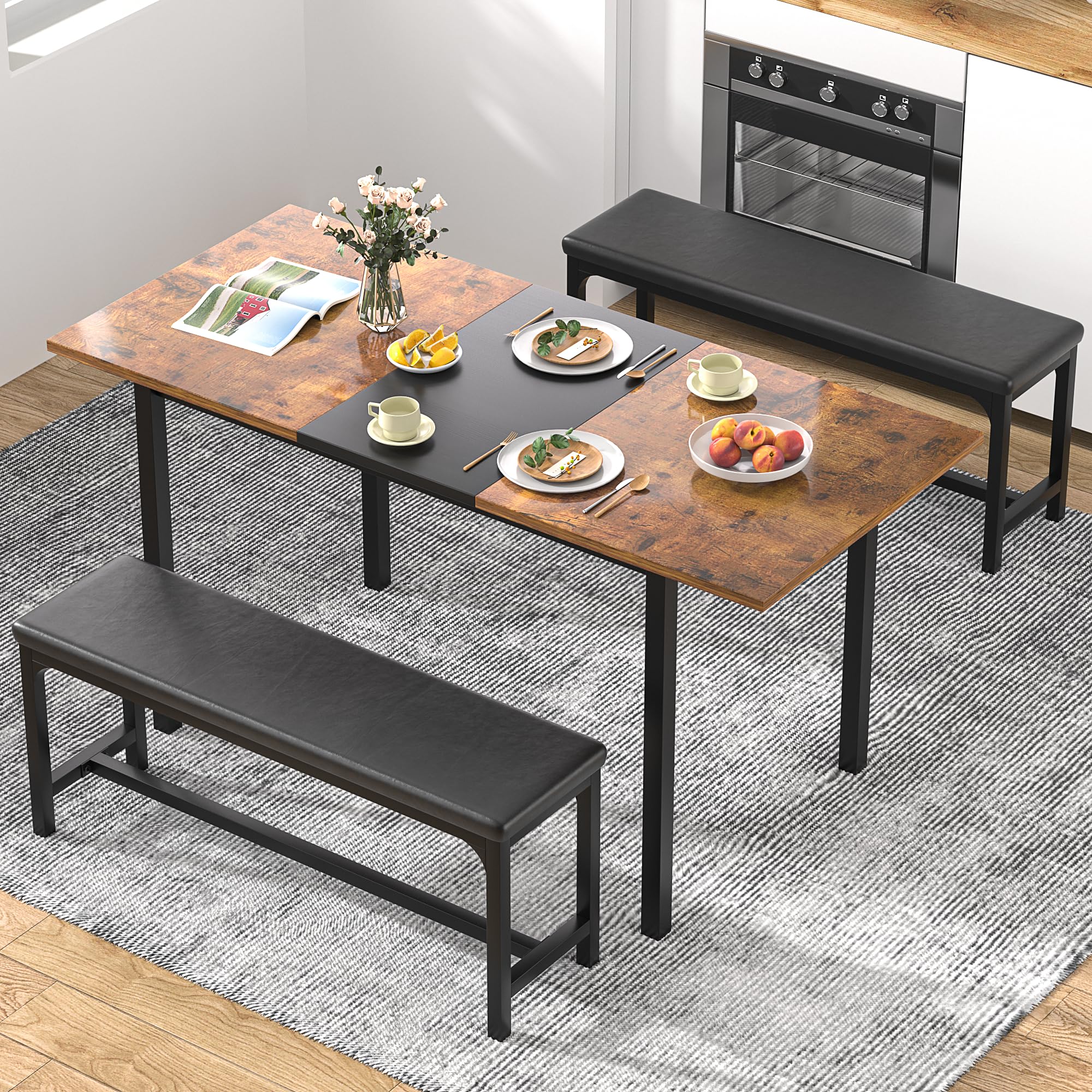 VECELO 3-Piece 63" Extendable Kitchen Table with Benches/Chairs Modern Breakfast Dinette/Dining Room Set for 4/6/2, Small Space Saving Design, Easy Assembly, Retro