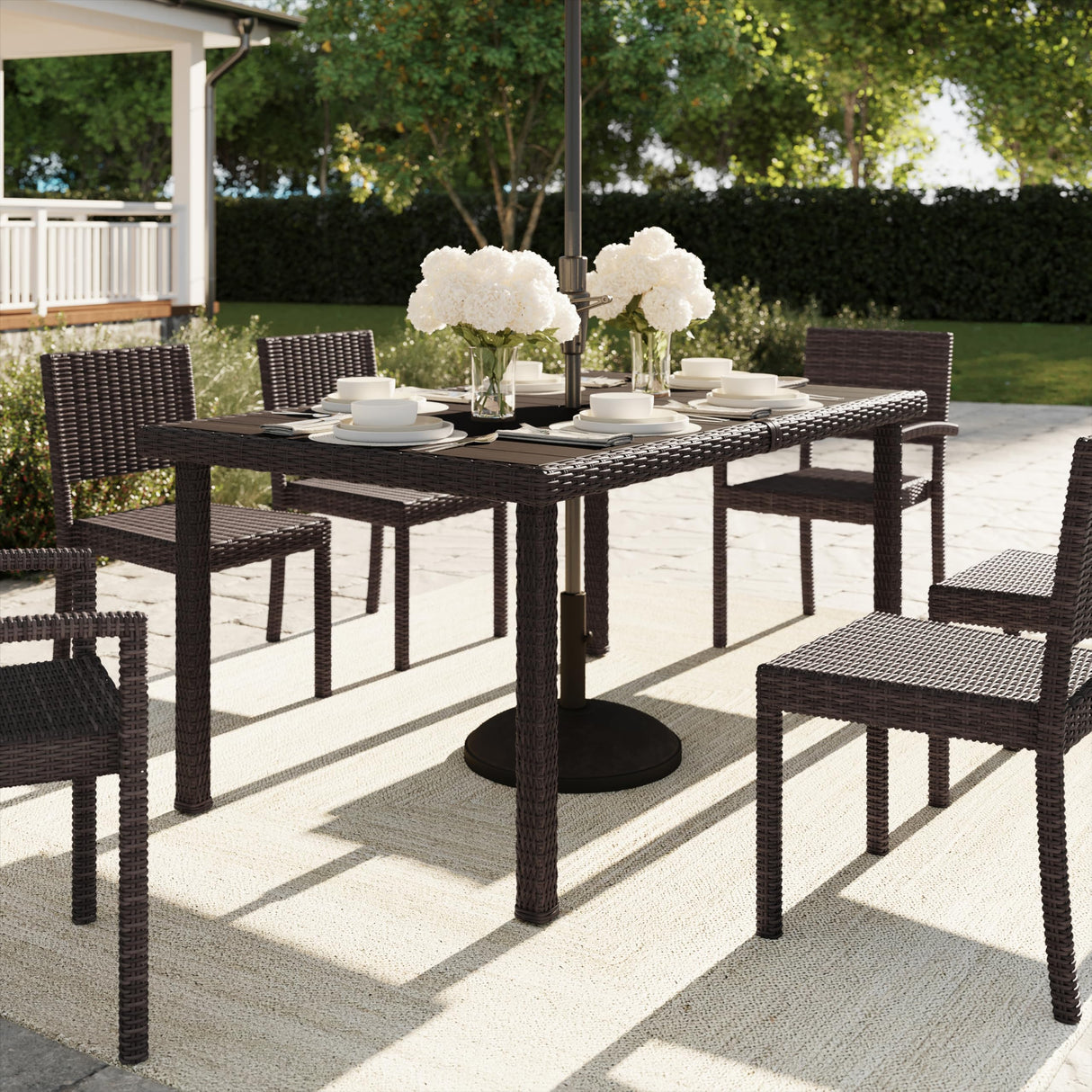 Bedford 60" Indoor-Outdoor Patio Table with Faux Wood Top and Rattan Wicker