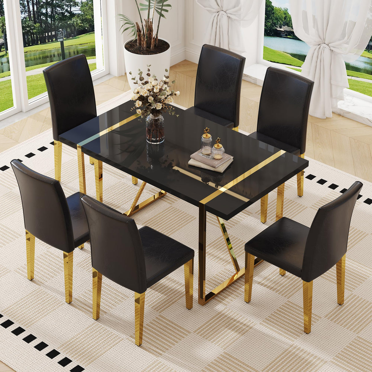 55" Black Dining Table Set for 6 with Golden Metal Legs