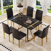 55" Black Dining Table Set for 6 with Golden Metal Legs