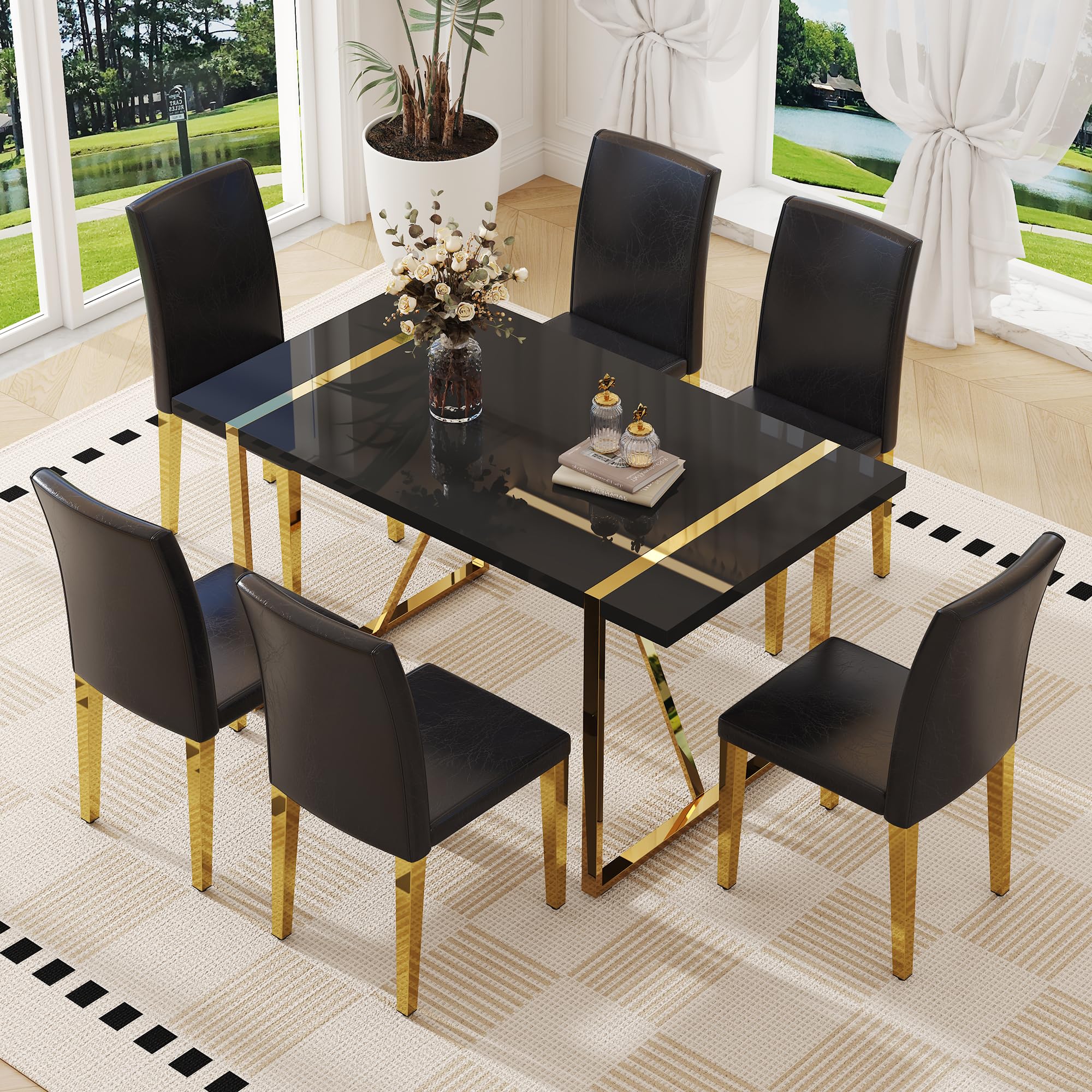 55" Black Dining Table Set for 6 with Golden Metal Legs