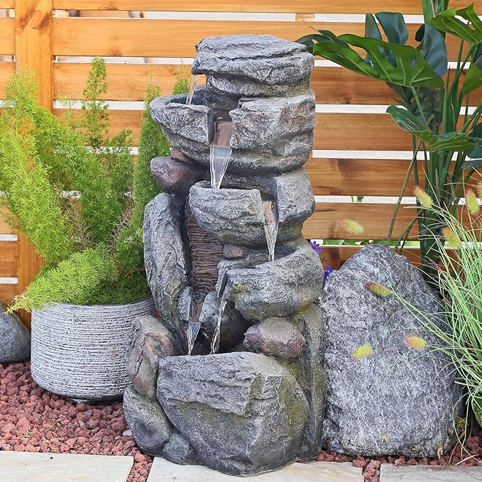 Water Features Outdoor Patio 6-Tier Cascading Rock Water Fountain 31.5''Water Fall