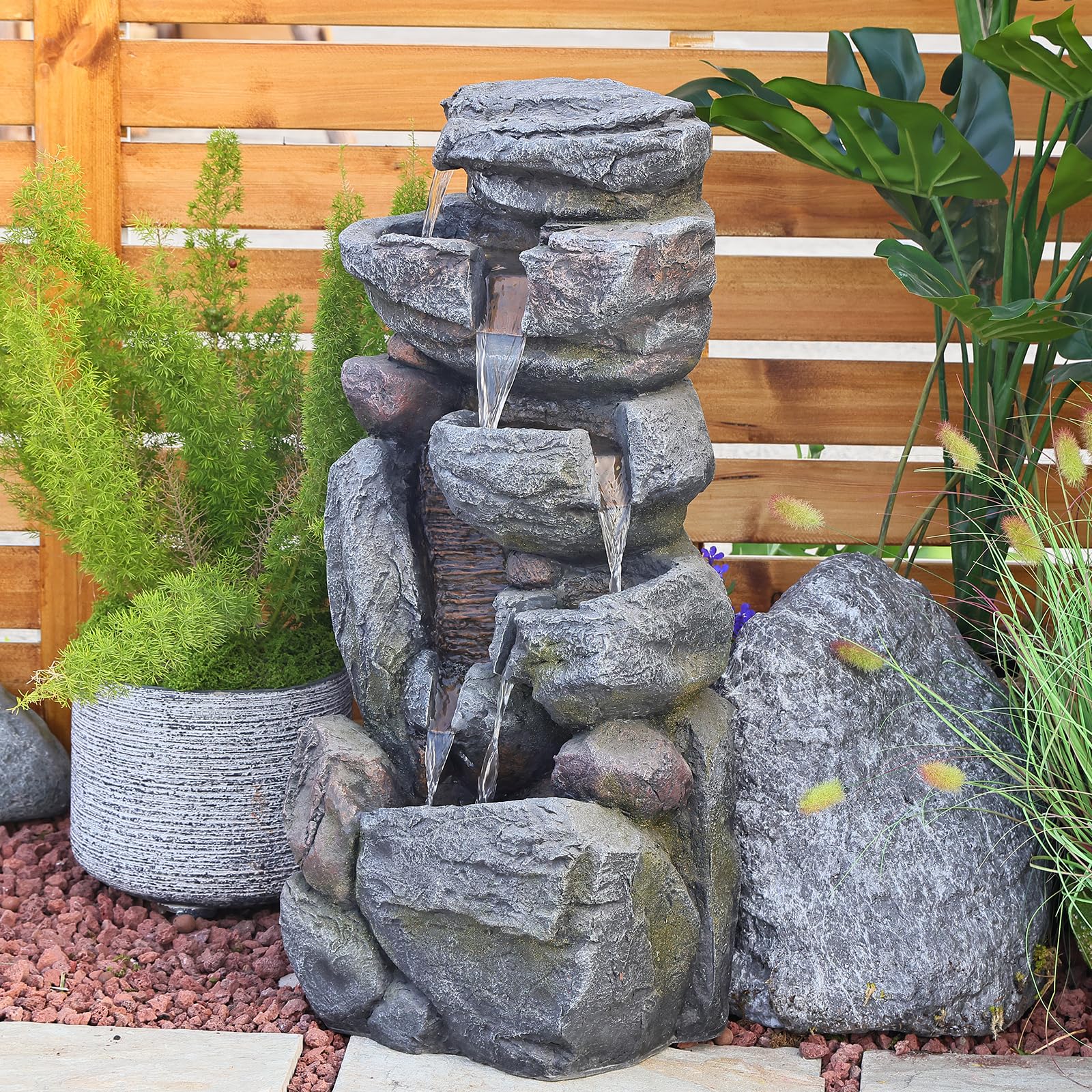 Water Features Outdoor Patio 6-Tier Cascading Rock Water Fountain 31.5''Water Fall