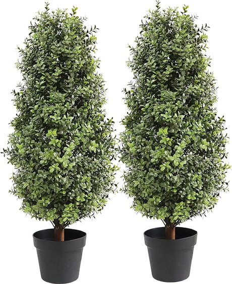 Artificial Topiary Boxwood Tree, Faux Shrub, Includes Black Plastic Pot, 2 Packs Fake Trees, Home Decor for Indoor and Outdoor, Faux Plants Outdoor, Artificial Greenery Set,35inch