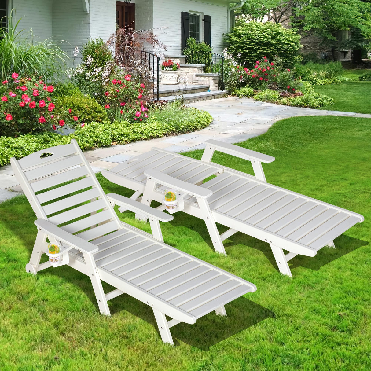 Outdoor Chaise Lounge Chair Set of 2 with Wheels & Cup Holder