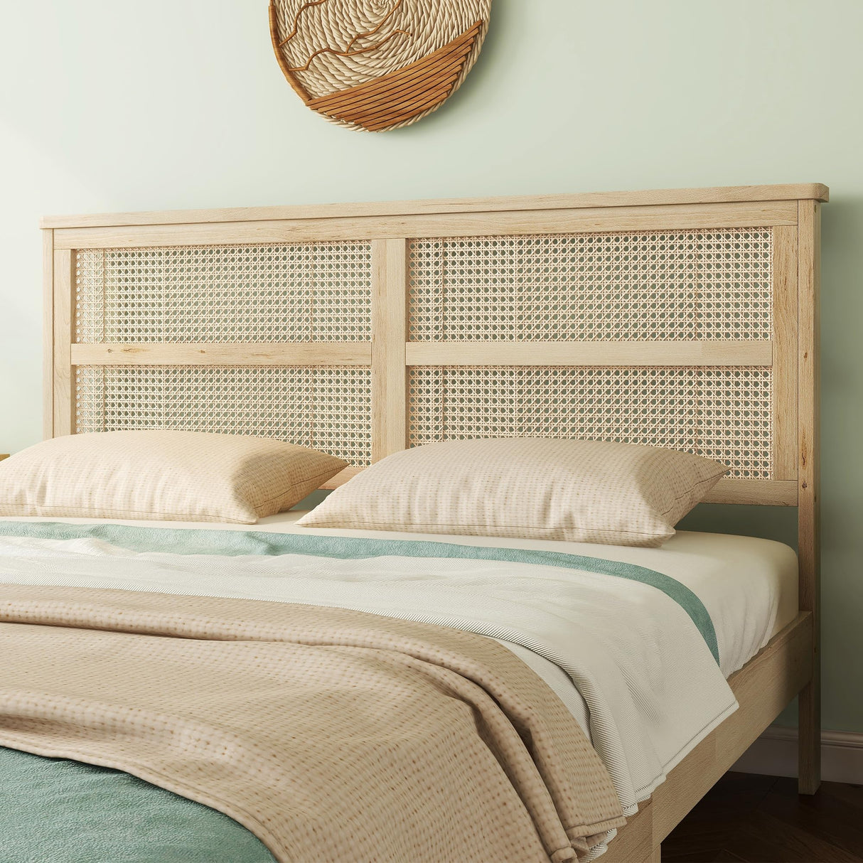 Boho Queen Platform Bed Frame with Rattan Headboard, Mid-Century Modern Bohemian Solid Wood Furniture