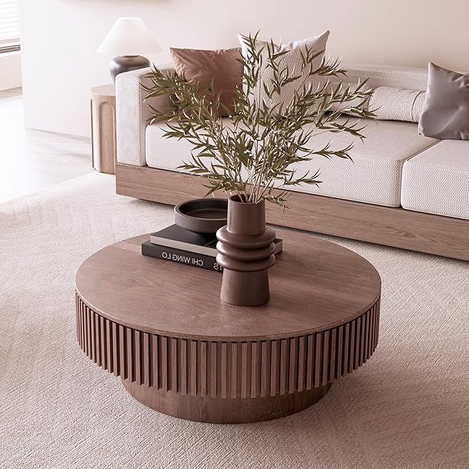 39.37'' Natural Coffee Table Modern Handcraft Drum Round Circle Wooden Solid Wood