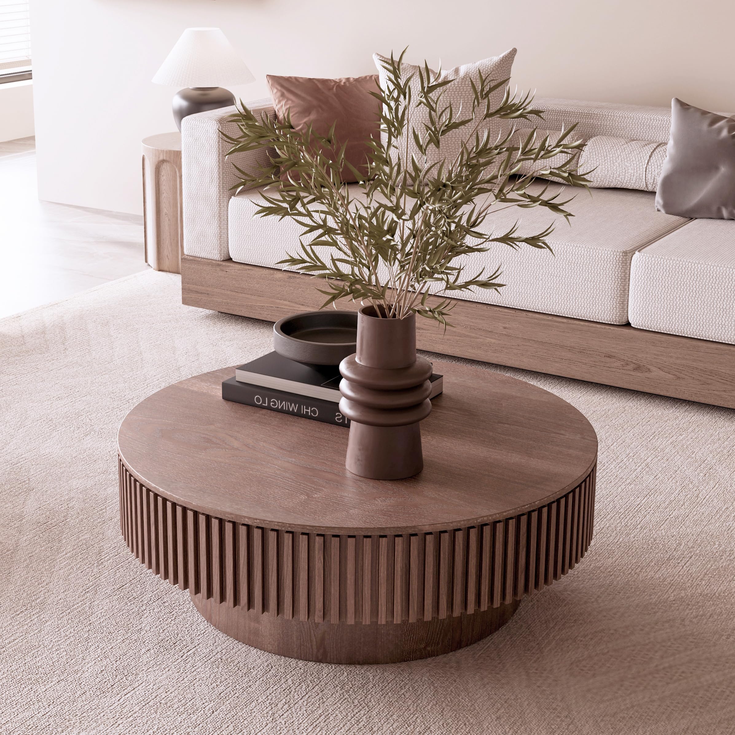 39.37'' Natural Coffee Table Modern Handcraft Drum Round Circle Wooden Solid Wood