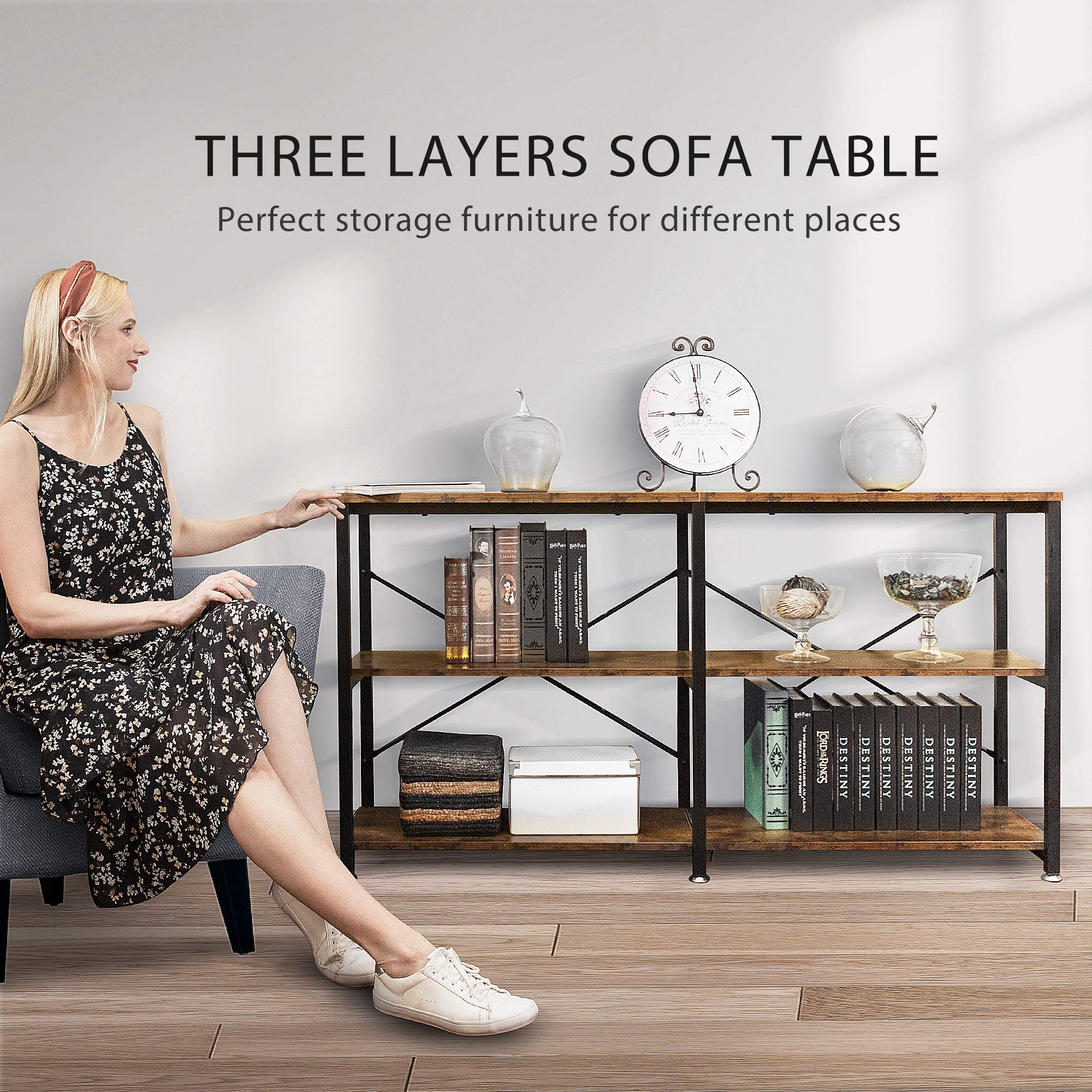 55 Inch Entryway Console Table, Narrow Industrial Sofa Table Behind Couch with 3-