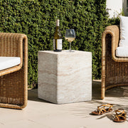 Outdoor Side Table, 18'' Travertine-Style Square Cement Accent End Table