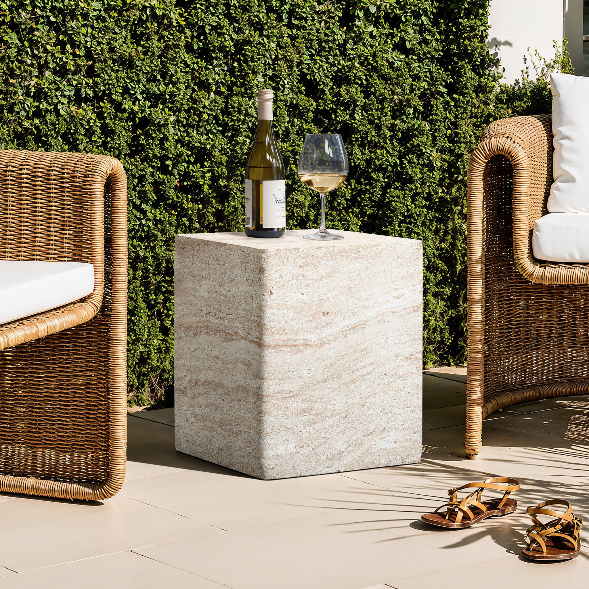 Outdoor Side Table, 18'' Travertine-Style Square Cement Accent End Table