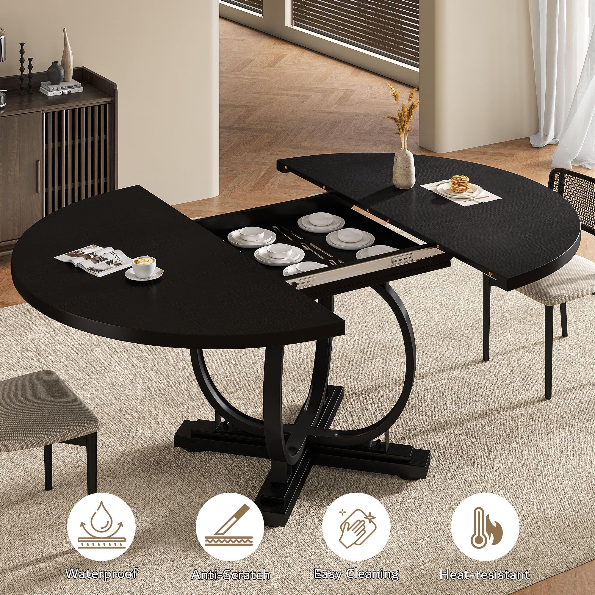 59" Round Extendable Dining Table for 4-6 People