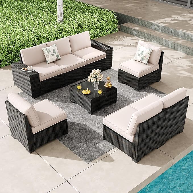6 Pieces Outdoor Patio Furniture Set, Wicker Conversation Sets with Tea Table