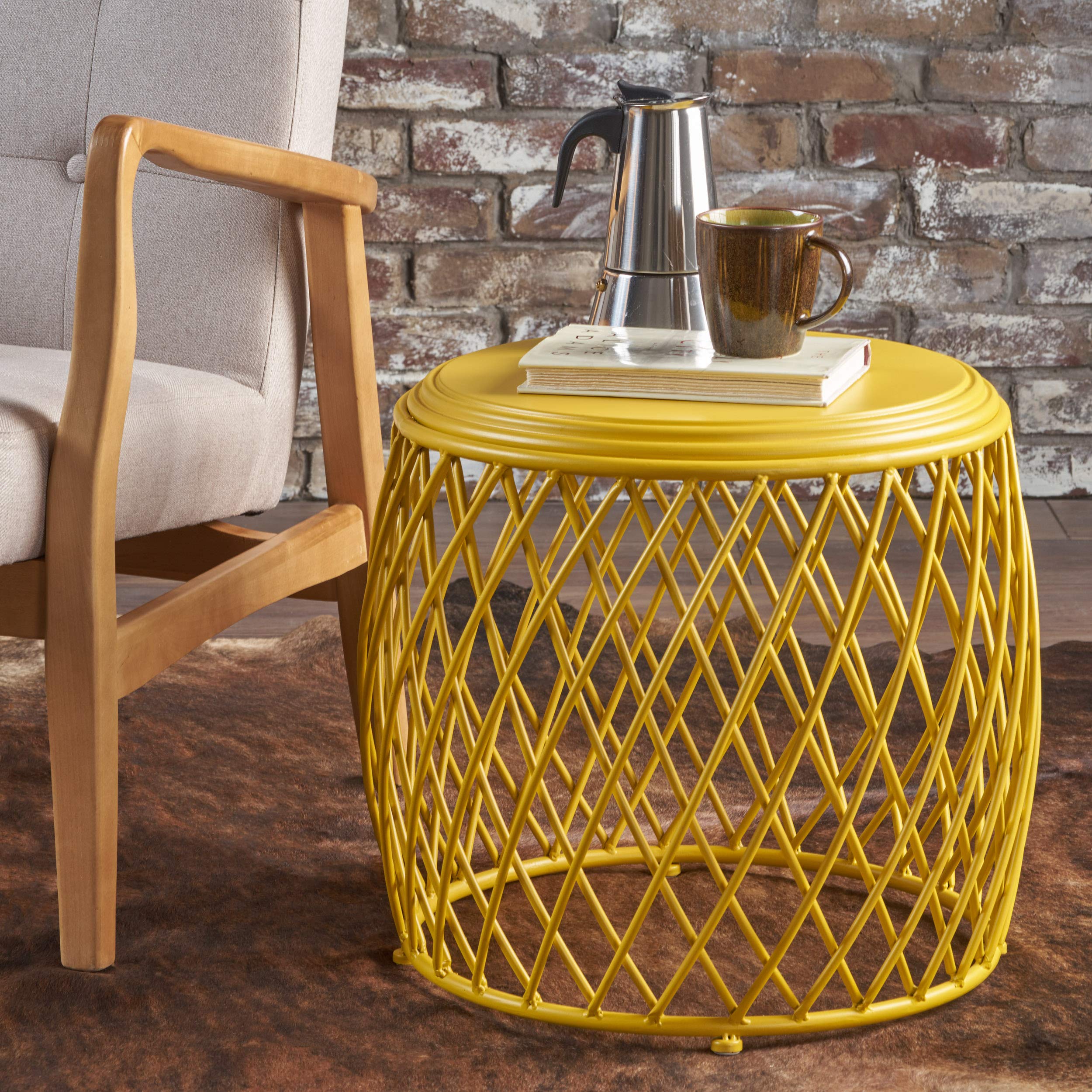 Bryony Indoor 19" Diameter Lattice Iron Side Table, Matte Yellow