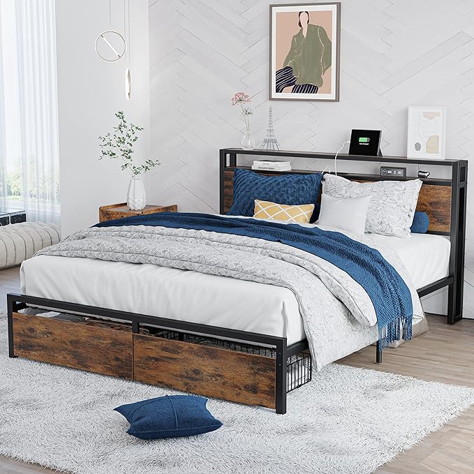 King Bed Frame with Storage Headboard, Platform Bed with Drawers and Charging Station,