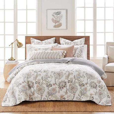 Ophelia Quilt Set - Full/Queen Quilt and Two Standard Shams - Floral - Taupe Grey Cream Blush