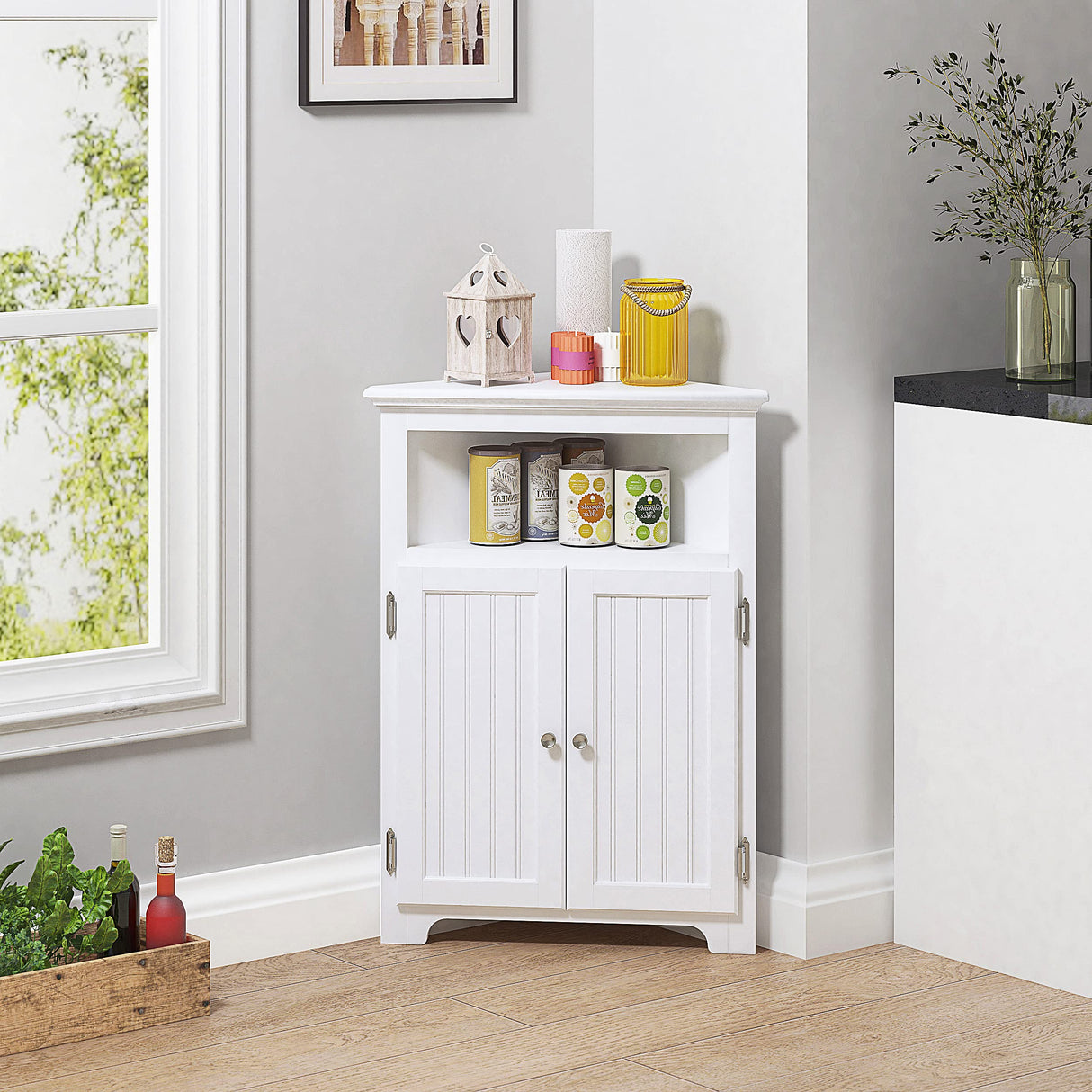 Bathroom Corner Storage Cabinet, Small Floor Corner Cabinet with Doors and Adjustable Shelves,