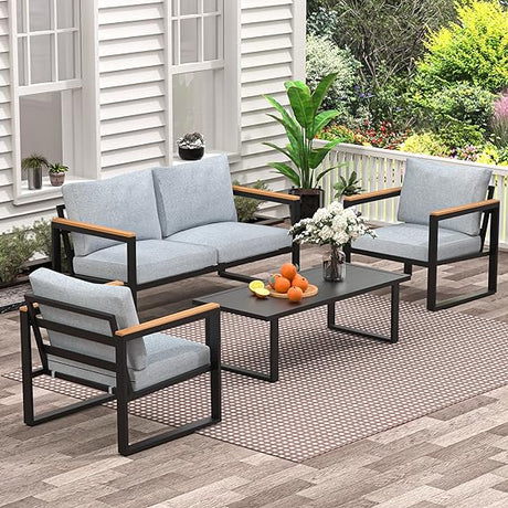 4 Pieces Outdoor Patio Furniture with Table Set, Metal Patio Conversation Sets