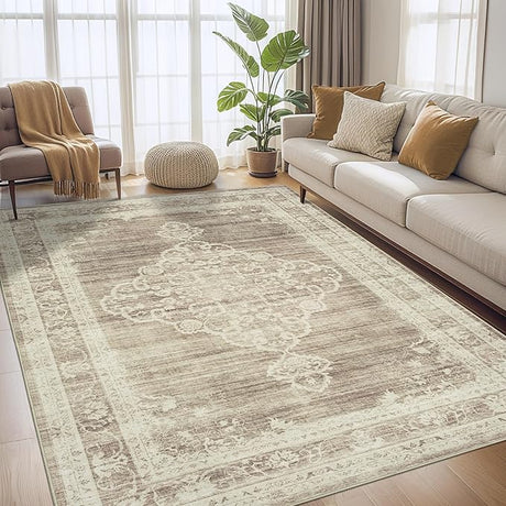 Area Rugs for Living Room Washable, Neutral Vintage Rug Large for Dining Room Bedroom Carpet Farmhouse Non Slip Low Pile Pet Friendly Area Rug 9 by 12 Indoor - Beige