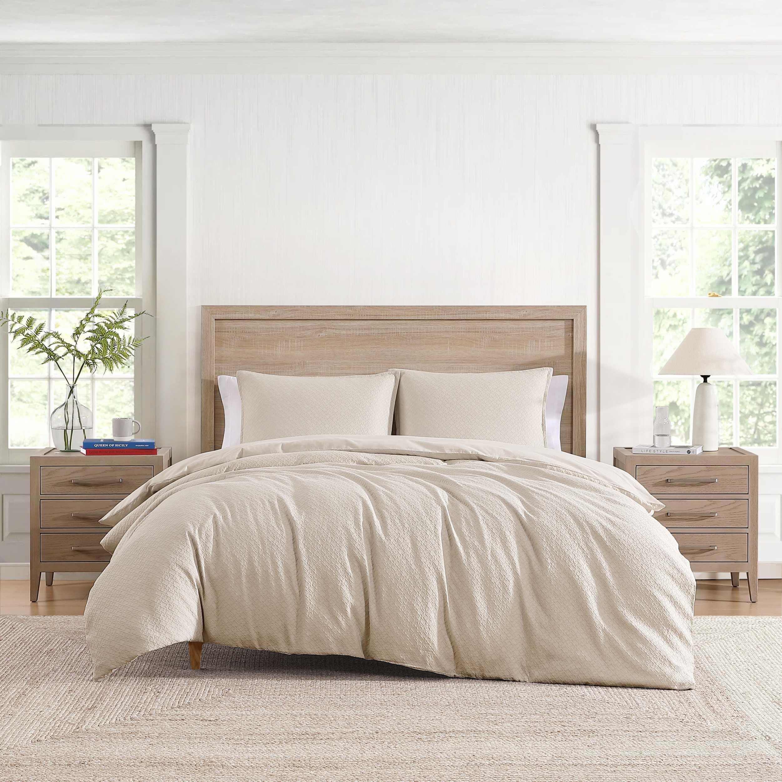 Cotton Matelassé Comforter Set - Full/Queen Beige Textured Bedding with Shams