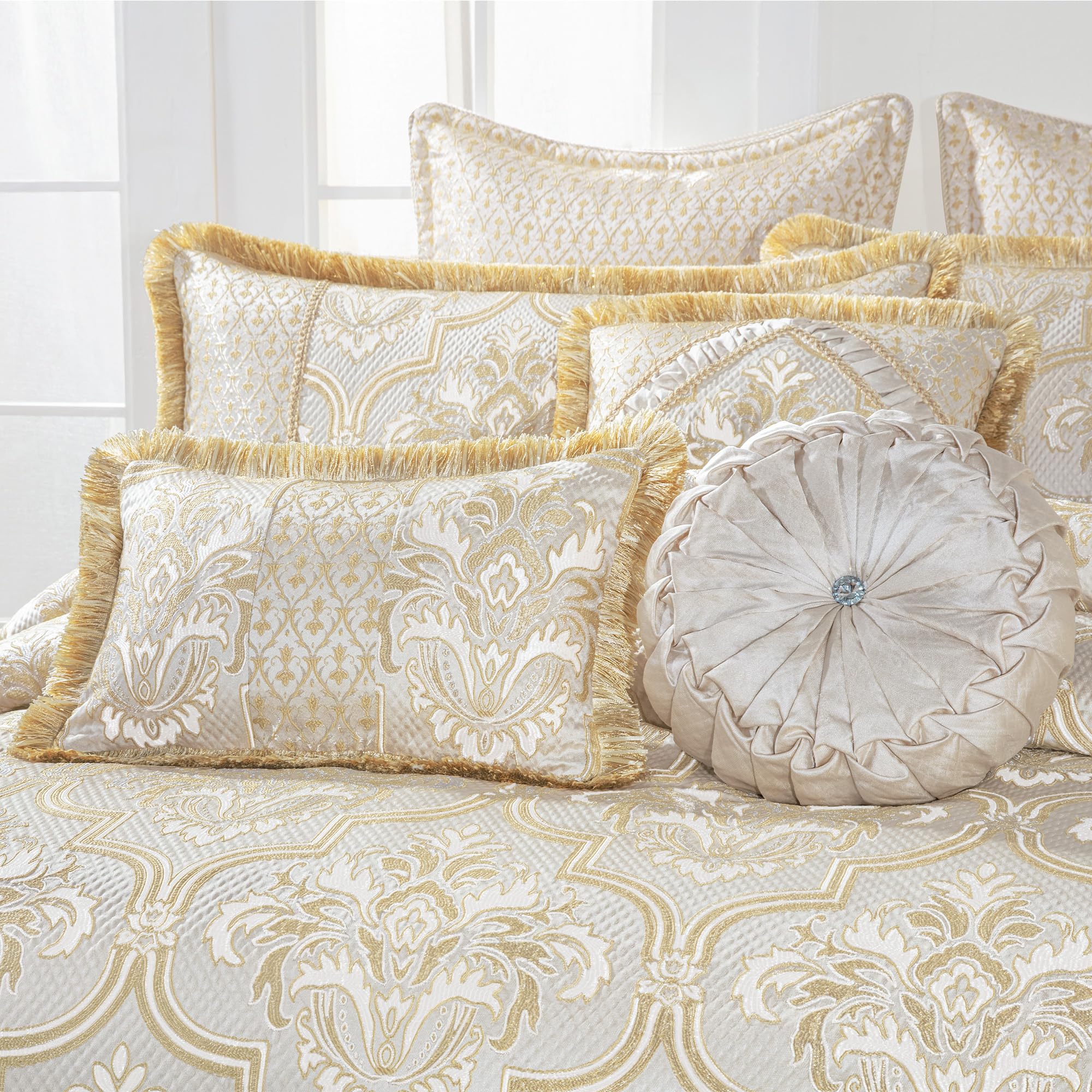 9-Piece Damask Floral Comforter Set - Queen Size Jacquard Bedding with Bed Skirt & Shams