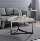 Aziz Contemporary Metal Coffee Table with Stone Top in Champagne Bronze