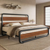 Queen Size Metal Bed Frame with Wooden Headboard and Footboard, Heavy Duty