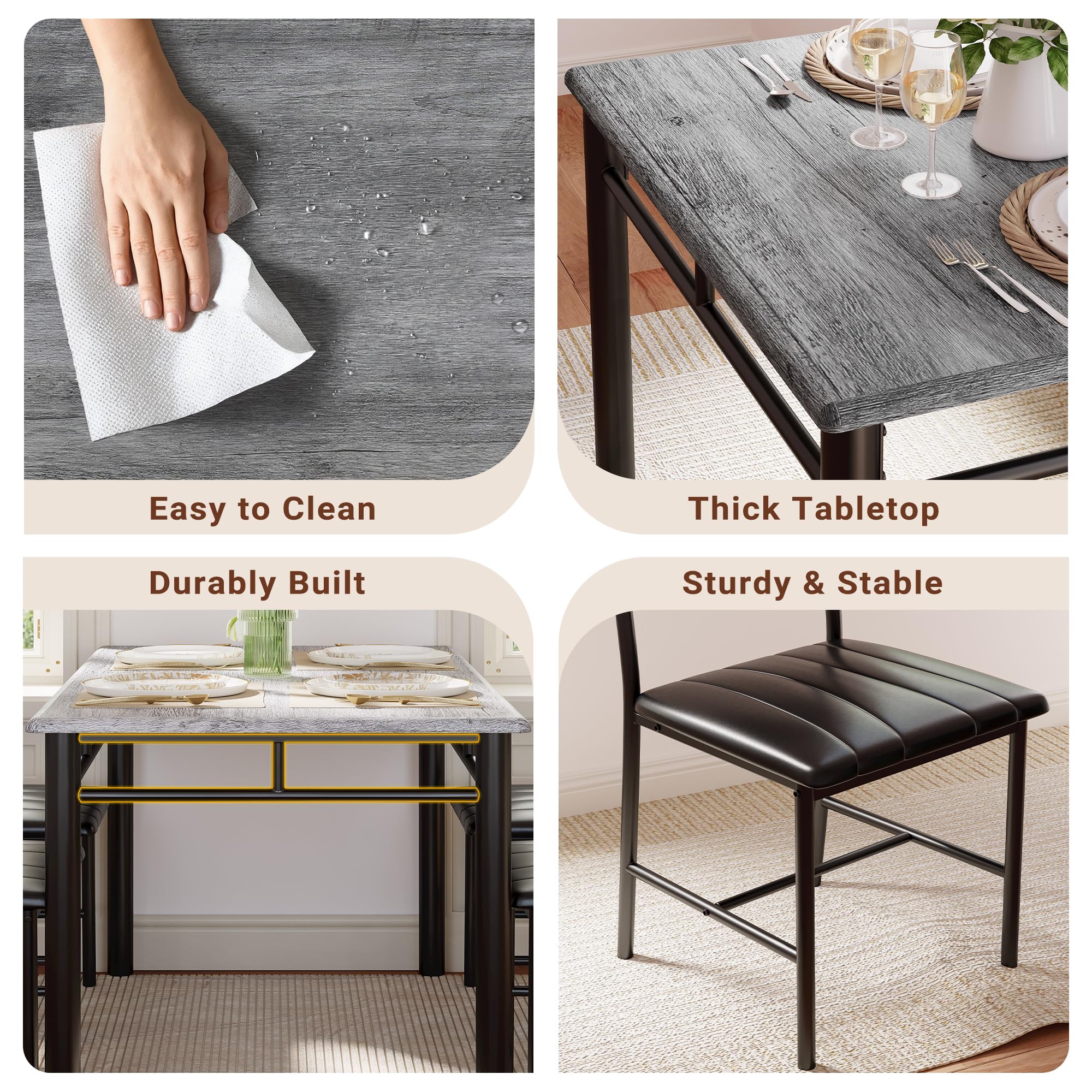 4-Piece Dining Table Set with Upholstered Chairs - Grey Wood Kitchen Table