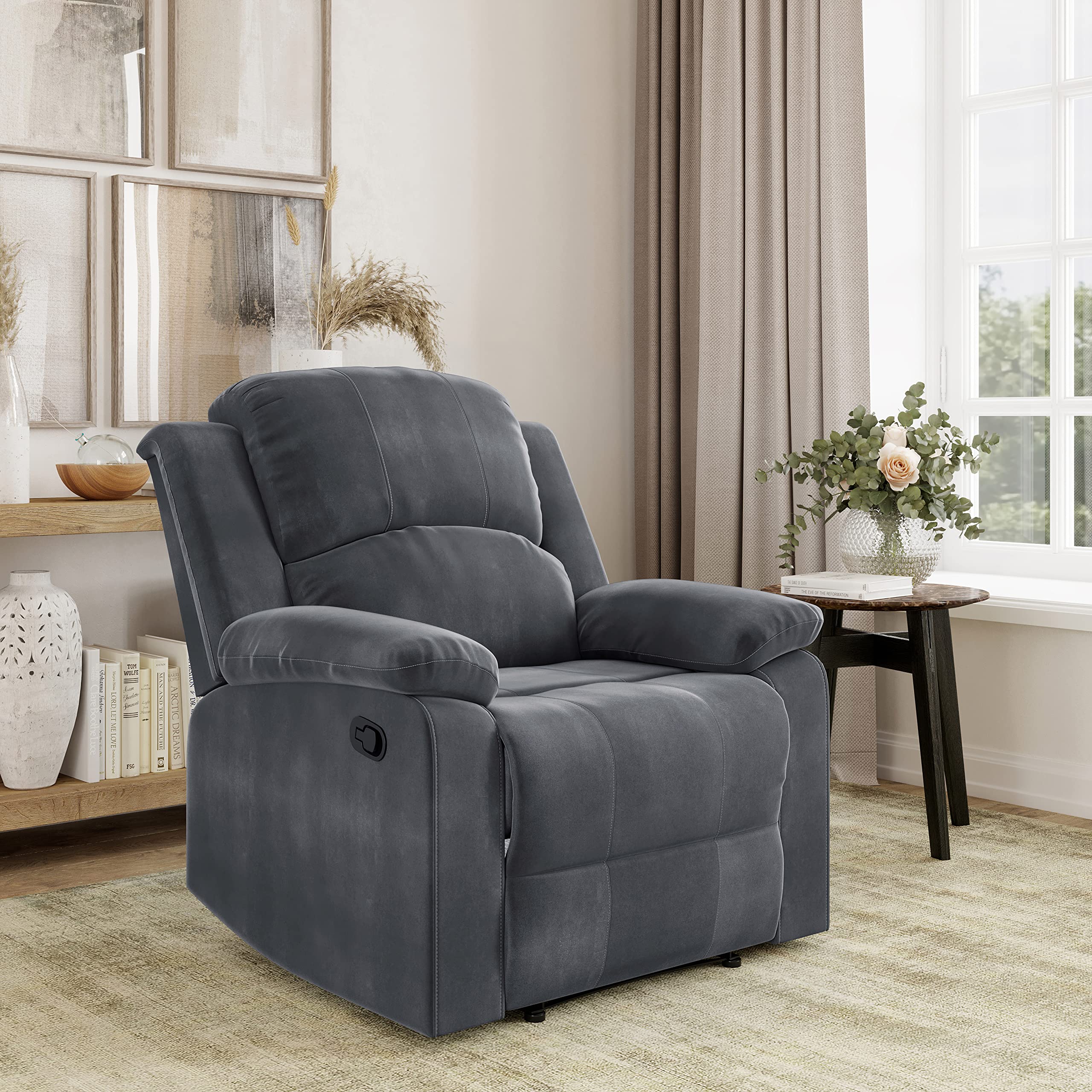 EaseLounge Classic Steel Grey Manual Recliner with Plush Cushion Back